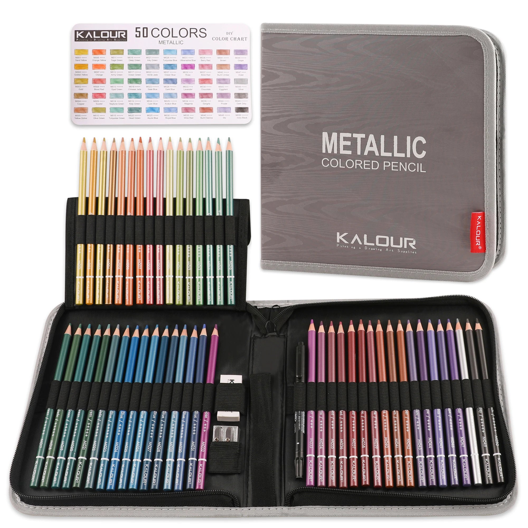 KALOUR Colored Pencils Drawing Art Supplies Vibrant Colors Soft Core 54pcs 50colors Metallic Color Pencil in Zippered Nylon Case
